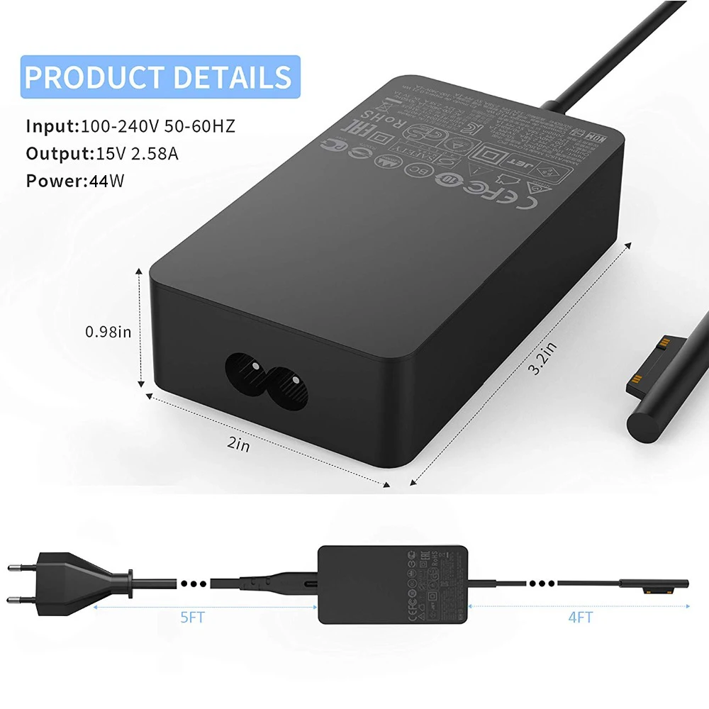 SeenDa 15V 2.58A 44W зарядное устройство для планшета с адаптером питания Microsoft Surface pro 3 4 5 (