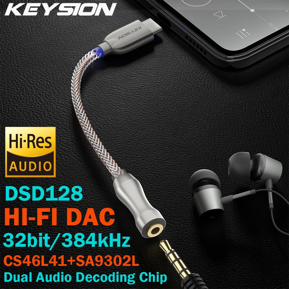Переходник KEYSION с USB TYPE-C на 3 5 мм DSD128 Hi-Fi двойной аудиочип декодер усилитель для