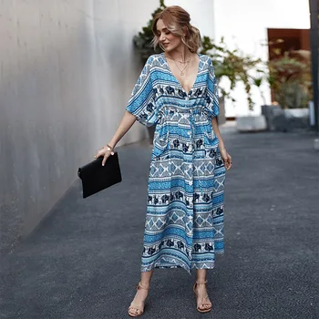 

2020 Bohemian Print Dress Summer Casual Short Sleeve V-Neck Button High Waist Split Long Dress Vestidos Elegantes Para Mujer