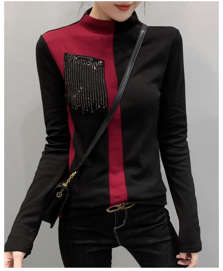 Blusas Mujer De Moda, Корейская тонкая рубашка с длинным рукавом для женщин, модные офисные женские топы, повседневные топы с круглым вырезом и стразами 7840 50