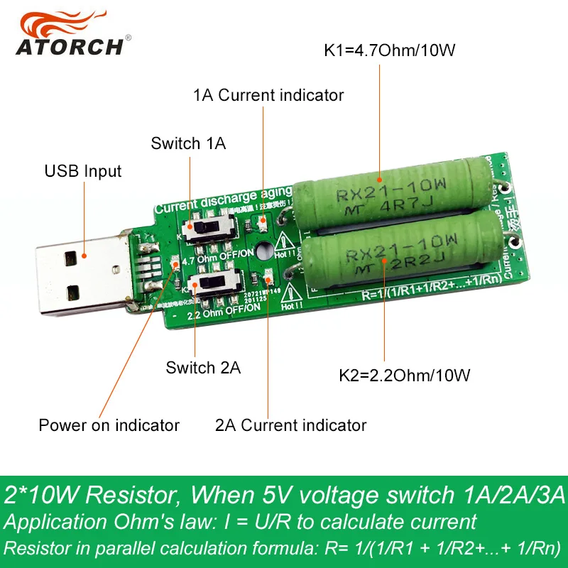 Battery tester voltage tester electronic load tester USB resistor DC electronic load 2 switch adjustable current 5V 1A/2A/3A battery capacity voltage discharge resistance tester
