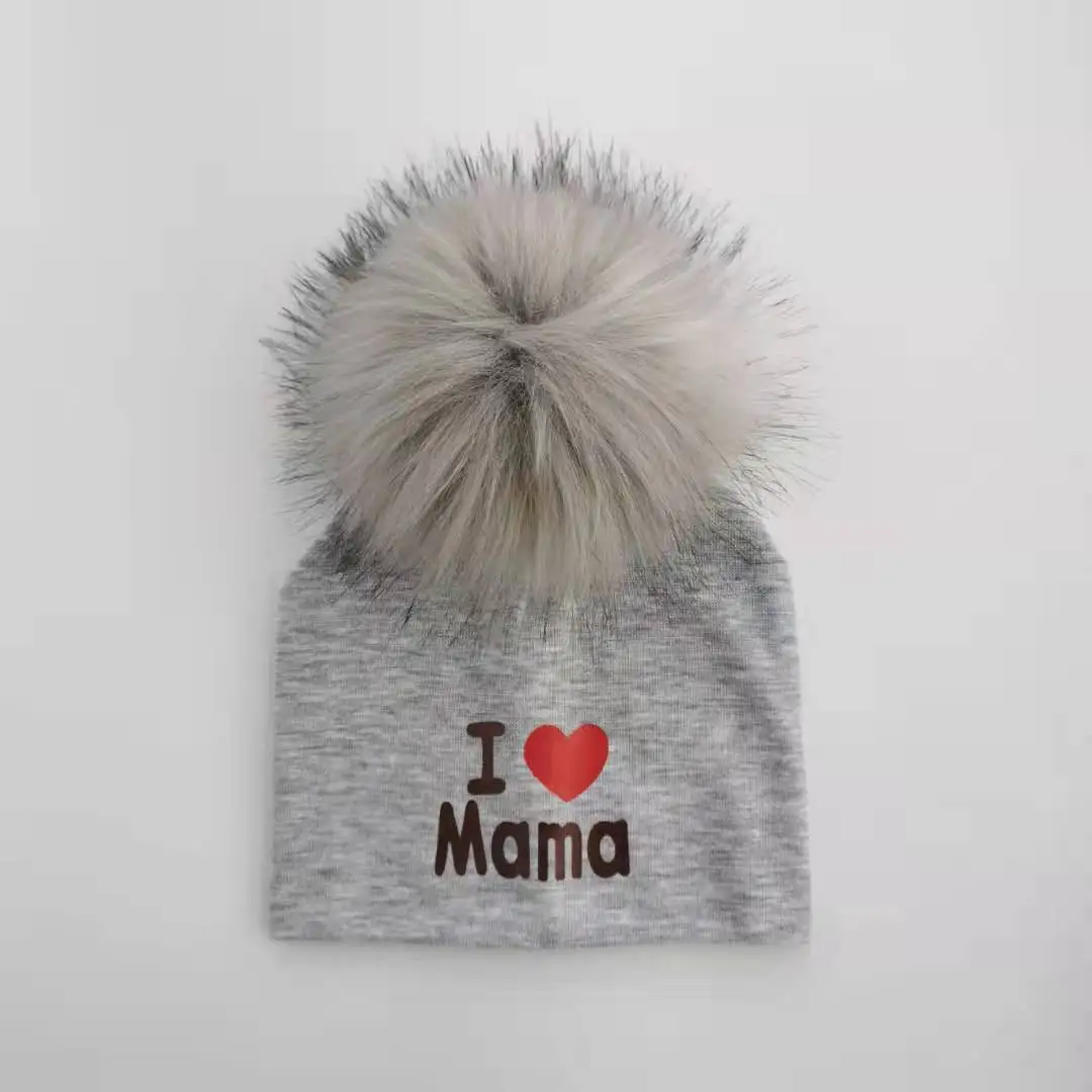 1 ma gray pom Хлопковые шапки для новорожденных девочек, детские помпоны, реквизит для фотосессии, я люблю мама папа, детская шапка для мальчиков, шапка для маленьких девочек, детский чепчик, шапки - Цвет: 1 ma gray pom