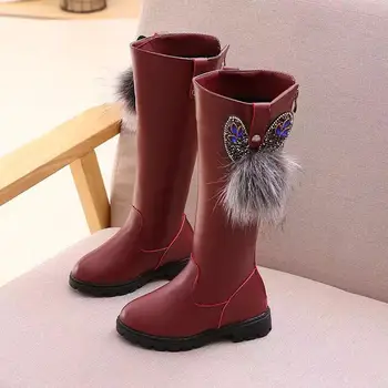 

2019 New Winter Children's High Boots Girls Plus Velvet Warm Shoes Rabbit Ears Fur High Boots Mid-Calf Girls Boots Leather Zip