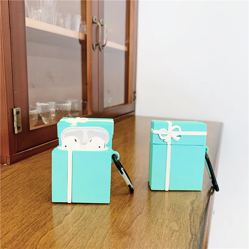 Милый Тиффани синий бант Подарочная коробка упаковочные чехлы для наушников для Apple Airpods 1/2 Силиконовая Защитная крышка для наушников Аксессуары