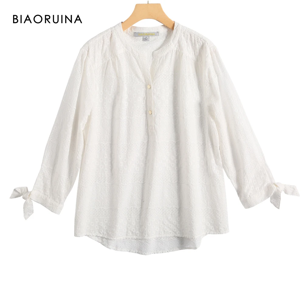 BIAORUINA Women's White Cotton Sweet Floral Embroidery Shirt Long Sleeve Female Casual Loose Breathable Blouse Tops Plus Size | Женская