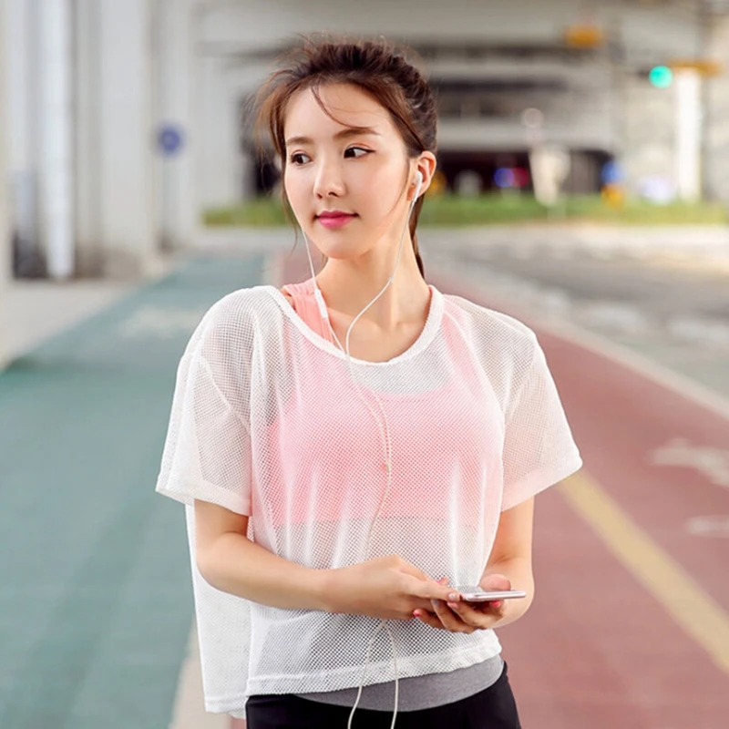 Женские сетчатые футболки для йоги спортивный дышащий Быстросохнущий Топ