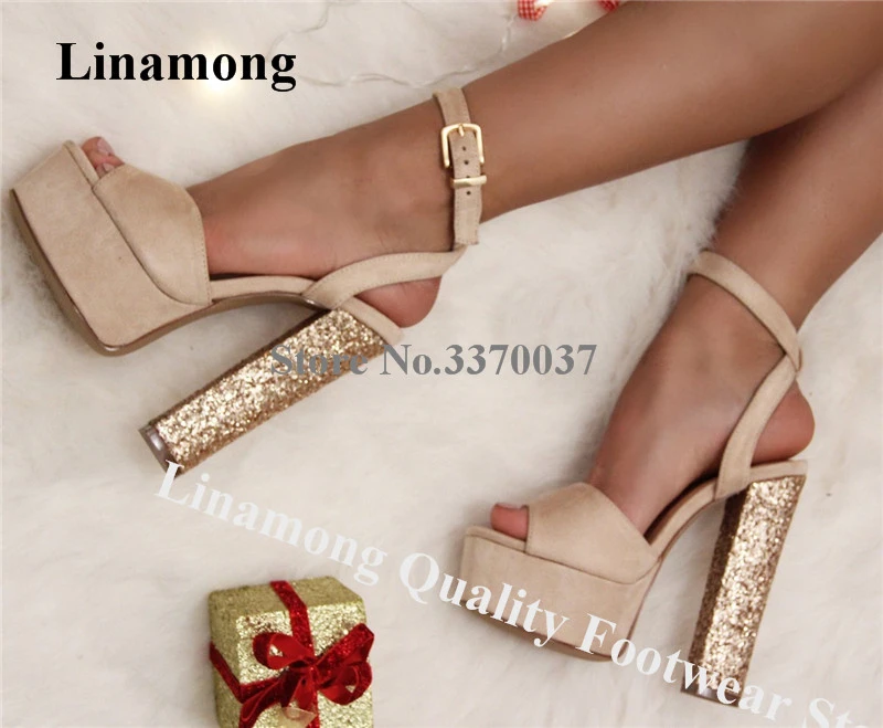 Tradicional Tormento reporte Linamong Sandalias altas con punta de plataforma abierta para mujer,  zapatos de tacón grueso con brillos ostentosos, de ante, color Beige y  negro|Sandalias de mujer| - AliExpress