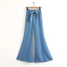 Европа Весна новые женские джинсы клёш светло голубой Эластичный шнурок на талии длинные джинсовые брюки Широкие брюки уличные брюки