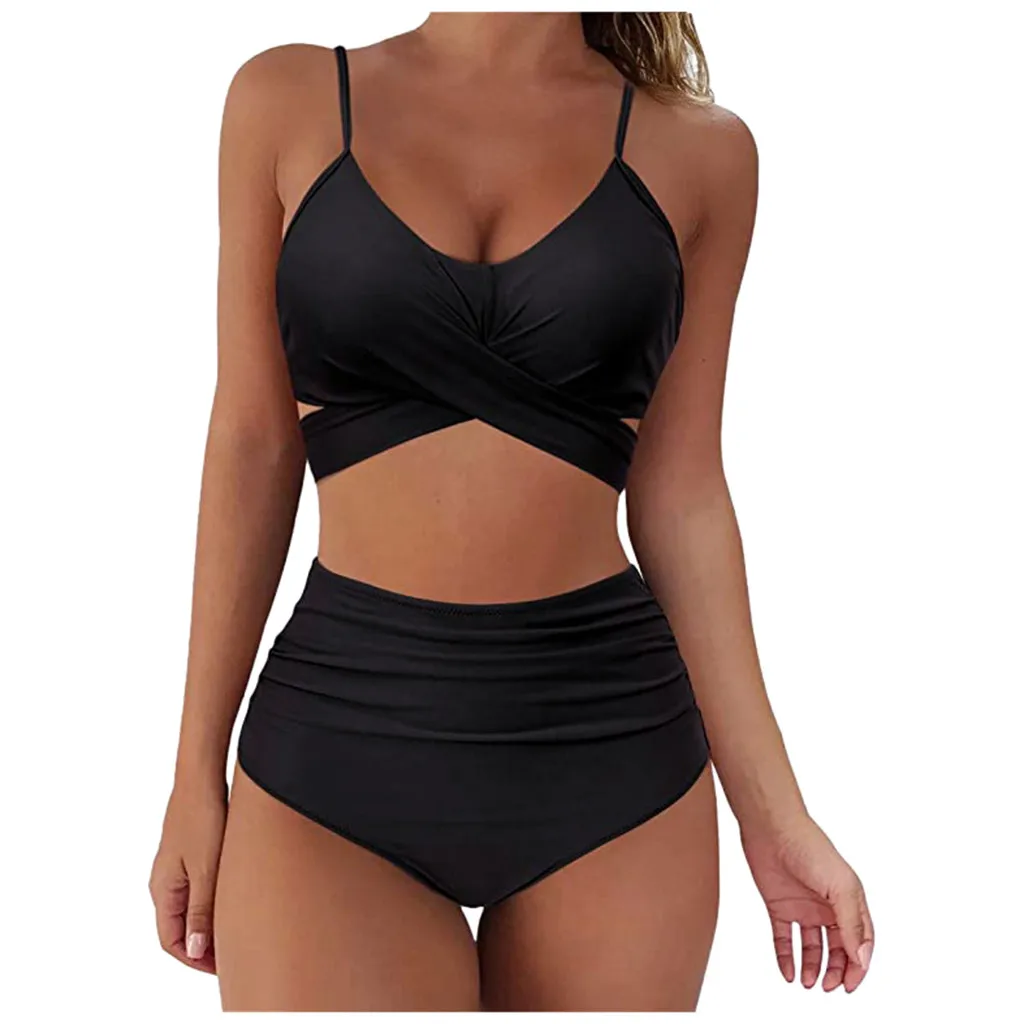 Women's solid color strap swimsuit bikini summer sexy suspenders lace up high waist suit купальник женский40* | Женская
