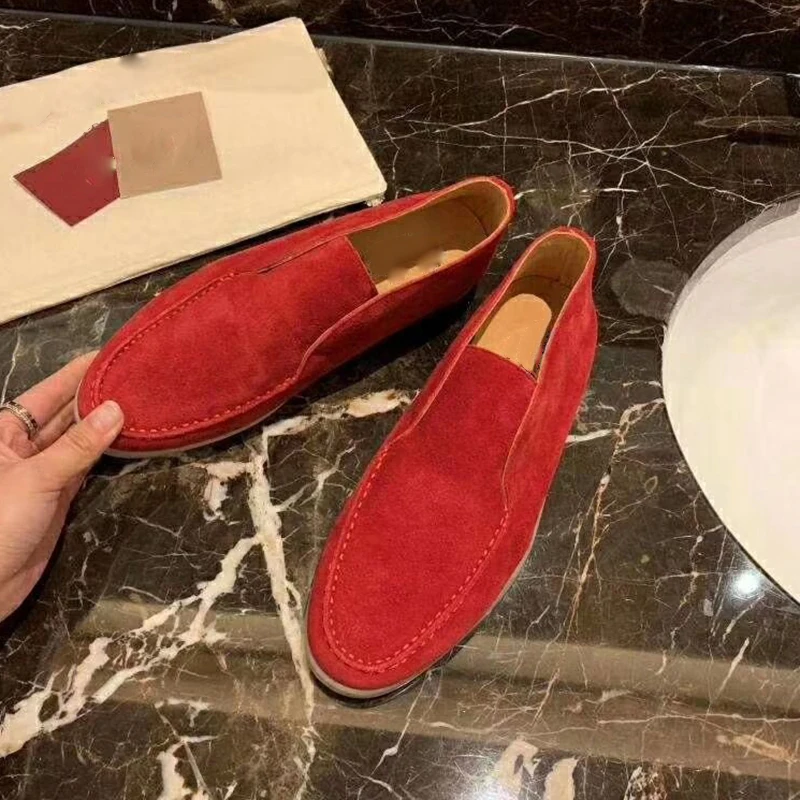 red Повседневная мужская обувь из замши; удобная обувь из натуральной кожи на плоской подошве; Мужская обувь года высокого качества с круглым носком; Лоферы без застежки - Цвет: red