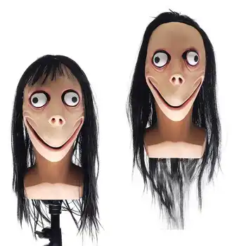 

Scary Momo Mask Hacking Game Horror Latex Mask Full Head Momo Mask Big Eye With Long Wigs
