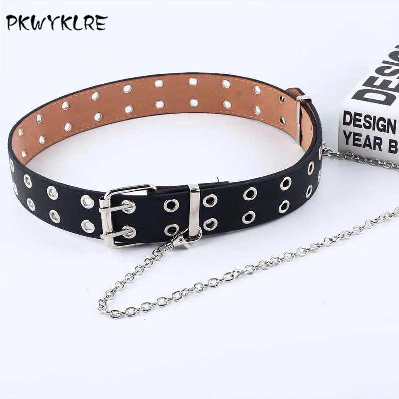PKWYKLRE shipping женский панк цепь модный пояс регулируемый черный двойной/одинарный люверс втулка кожаный ремень пряжка