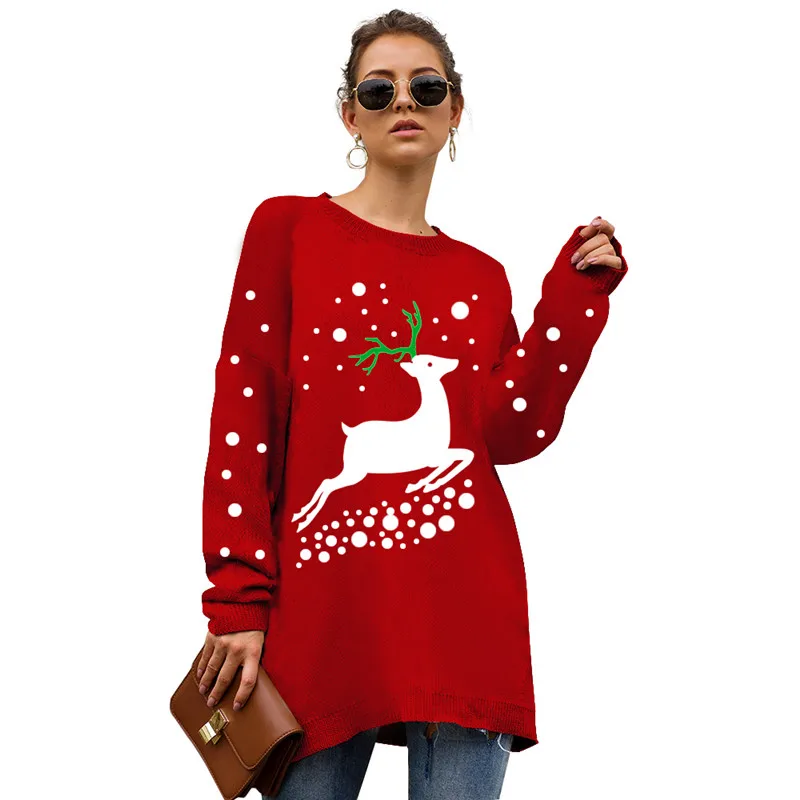 

Christmas Winter Sweater Women Long Sleeve O-Neck Deer Printed Pullovers Fluffy Hollow Jersey Jumper Pullover Ladies Clothing
