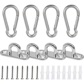 

4Pcs Stainless Steel Ceiling Hook 1.8 Inch Pad Eye Plate+4Pcs Spring Snap Hook Carabiner,Hardware Staple Hook Loop