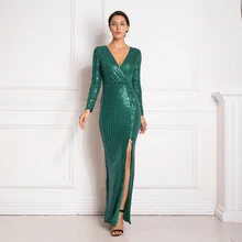 Расшитое блестками длинное платье с запахом, с v-образным вырезом, с разрезом на ноге, с длинными рукавами, зеленое, буругнди, Осеннее эластичное Макси-платье