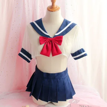 

Sexy Women's Lingerie 2PCS Set Transparent Shirt with Bow Tie & Short Mini Pleated Skirt Cute Exotic Apparel School Girl Costume