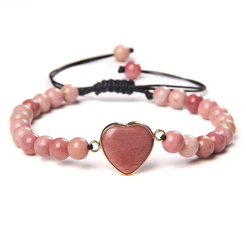 6 mm Natural Rhodochrosite Bracelets Men Black Rope Adjustable Braid Jewelry Women Heart Shape Charm Bangle Reiki Stone Craft | Украшения и