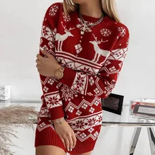 New Elk Pattern Printing O-Neck Sweater Red Long Sleeve Top Female Christmas Knitted Dress Women Clothing Vestidos De Invierno