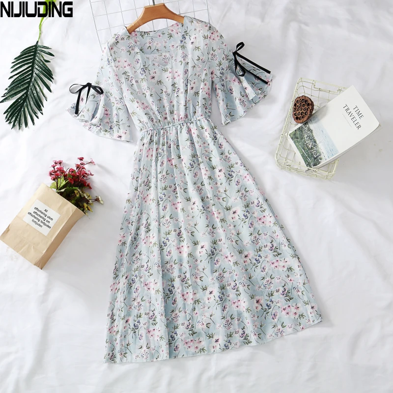 

NIJIUDING 2019 New Women Chiffon Dress Floral Printed Dress Spring Summer Ruffles Short Flare Sleeve Bow Dresses Plus Size S-3XL