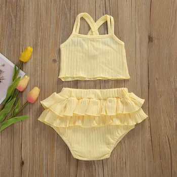 

2020 New Toddler Baby Girl Clothes 2ps Sling Slim Ruffle Striped Back Ribbons Crossing Top Shirt + ruffles Shorts Set