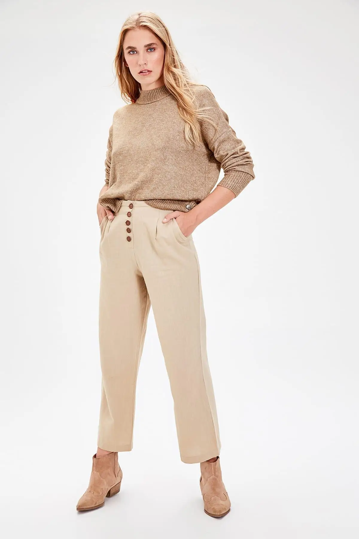Trendyol бежевые базовые брюки TWOAW20PL0114