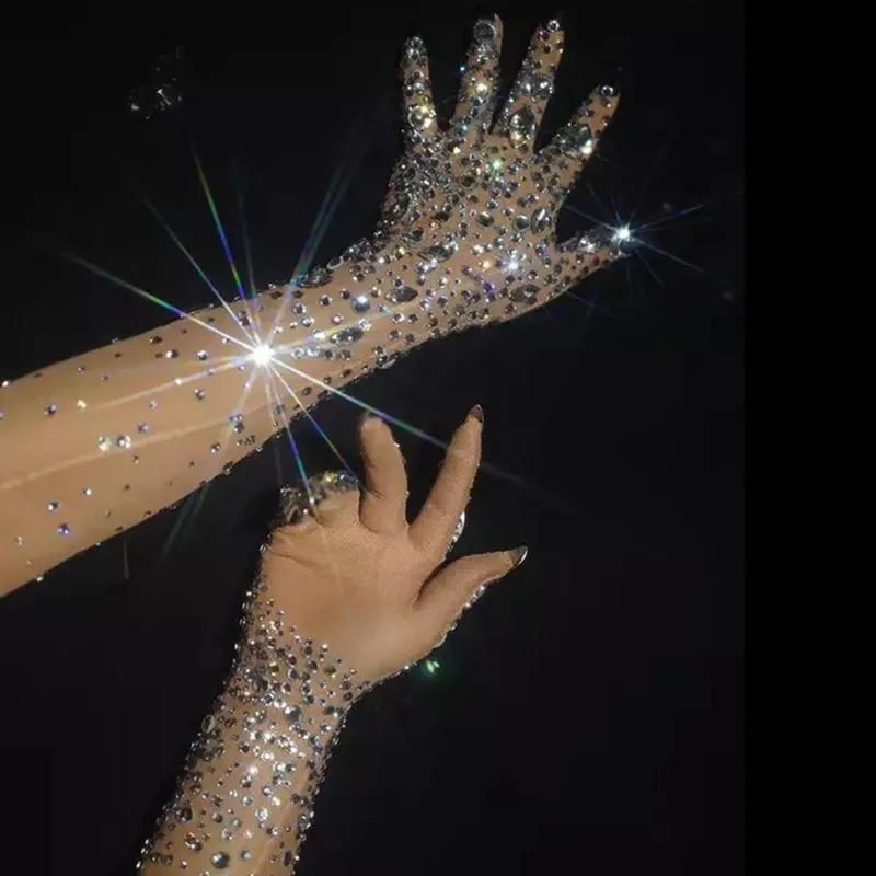 

Skin Black Mesh Stretch Rhinestones Gloves Crystals Stones Long Wedding White Singer Dancer Show Performance Stage Accessories