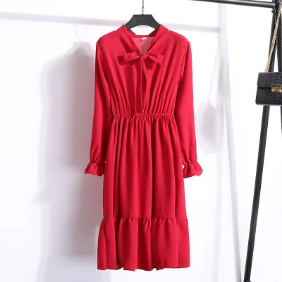 Новое Осеннее женское платье для дам с длинным рукавом винтажное шифоновое платье-рубашка повседневное Черное Красное зимнее платье миди с цветочным рисунком Vestido