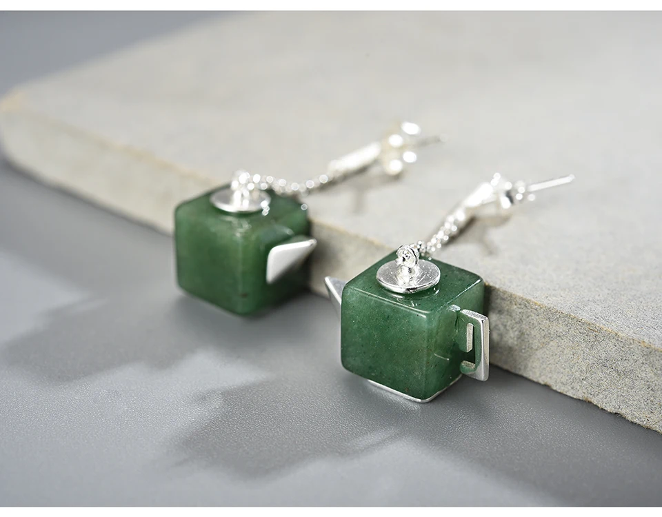 Muduh Collection Real 925 Sterling Silver Natural Aventurine Gemstone Fine Jewelry Vintage Square Teapot Dangle Earrings for Women