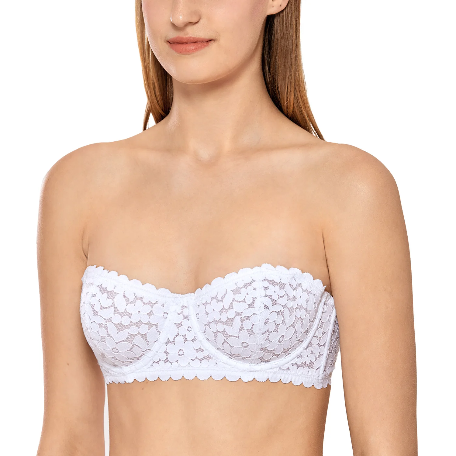 Dobreva Women's Strapless Unlined Lace See Through Balconette Bra