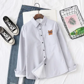 

Winter new pocket cat embroidered long sleeve shirt female student plus velvet shirt harajuku women tops