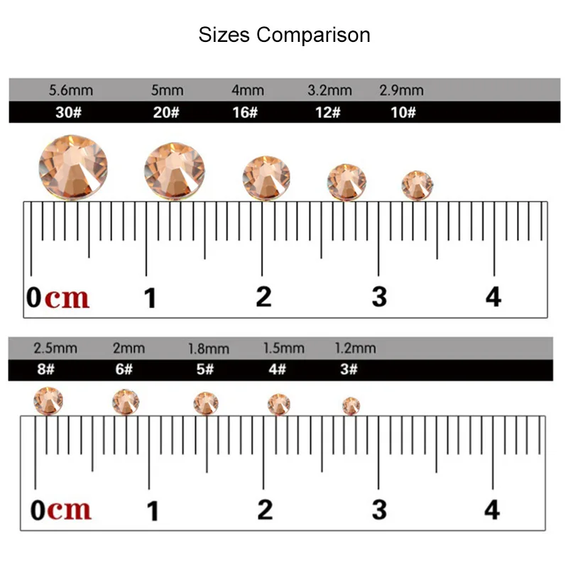 Golden Shadow Non hot fix Nail Rhinestones Sizes