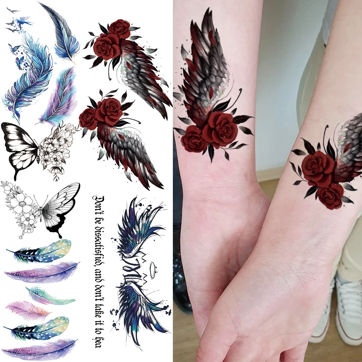 Tatouage Aile D Ange Poignet Femme Faux Tatouages Temporaires Pour Femmes Adultes, Fleur Aquarelle, Ailes D' ange, Papillon, Plume, À La Mode, Lavables - Temporaire Tatouages -  AliExpress