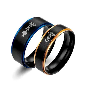 

New IP Electroplated Laser Carved Crown K Q Couple Two-Tone Ring Fashion Couple Ring