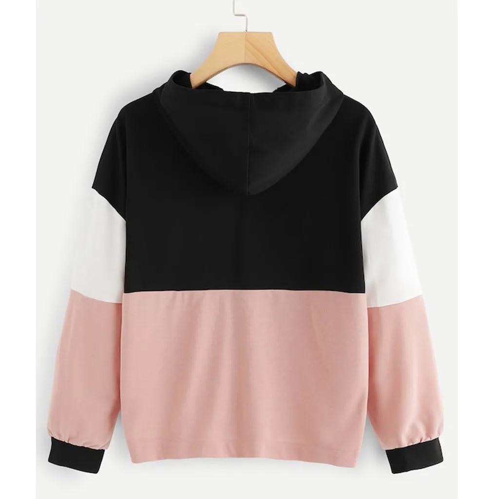JAYCOSIN Fashion Women Zipper Hoodie Color Block Sweatshirt Casual Simple Loose O-Neck Comfortable Soft Jumper Blouse