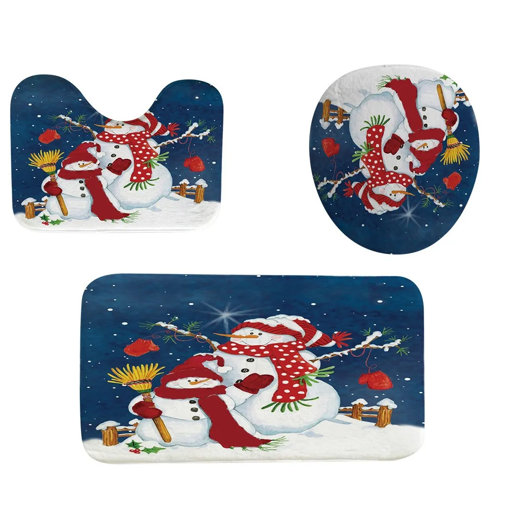 B 3Pcs/set Christmas Red Gift Bathroom Mat Set Flannel Anti-Slip Kitchen Mat Carpet Bathroom Toilet Rug Washable Shower Curtain - Цвет: B