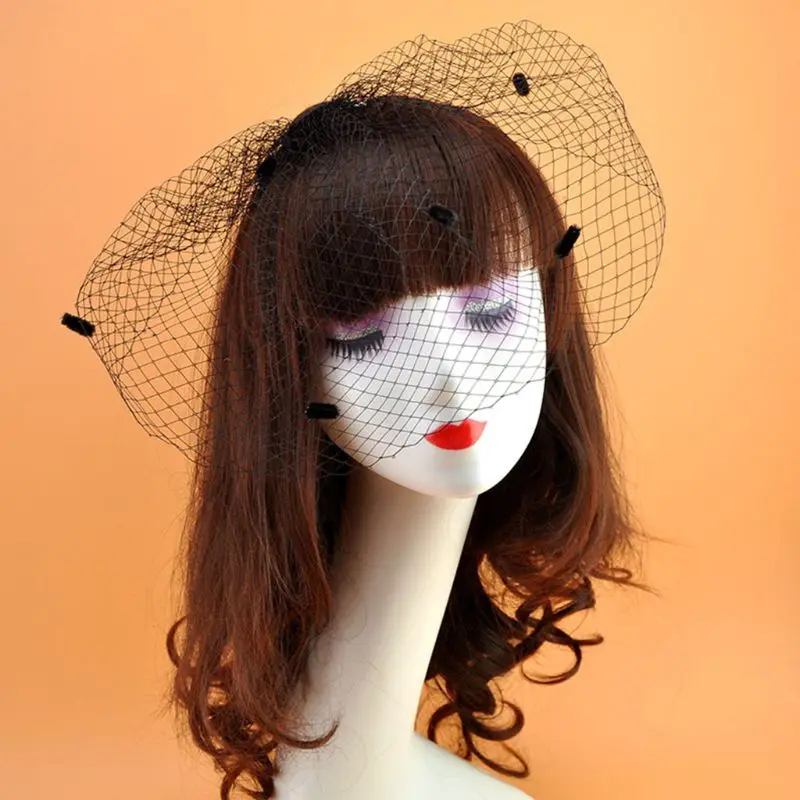 Womens Vinrage Elegant Wedding Fascinator Fishnet Mesh Veil Large Hole Small Plush Wave Point Solid Color Hair Clip |