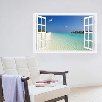 

Zy1430 Sea Scenes 3D Fake Window Living Room Bedroom Wall Adhesive Paper Waterproof Removable