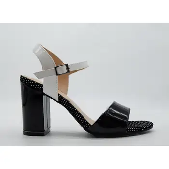 

Spring women glossy black leather white Mosaic metal buckles temperament wave point pattern comfortable sandals thick sandals