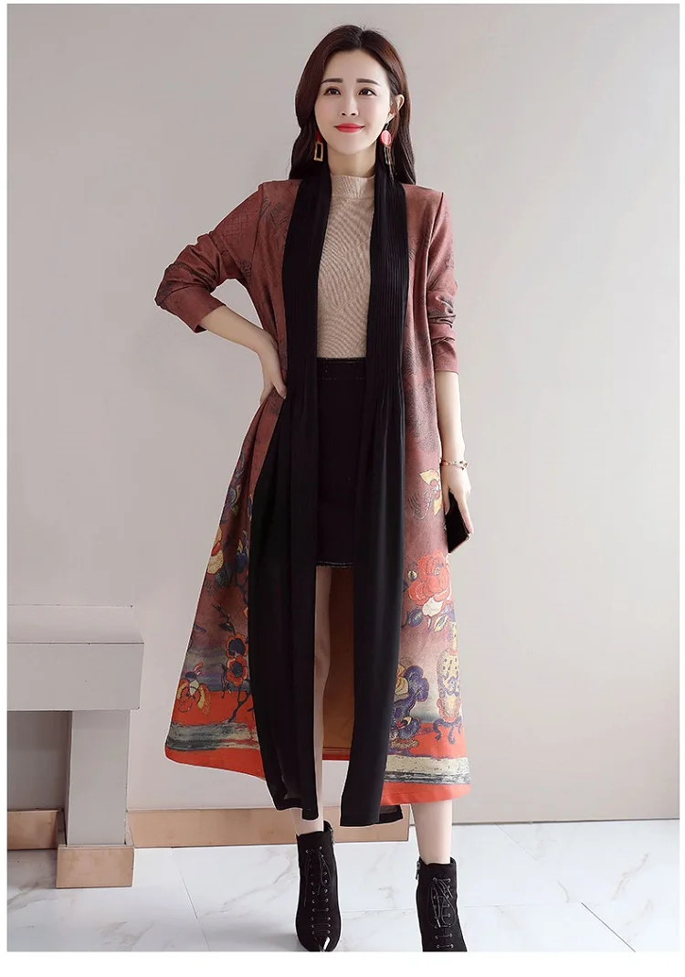 Осенний стильный Тренч с длинным рукавом и принтом для фотосессии, Женский замшевый шелковый шарф в этническом стиле, свободный крой средней длины