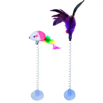 

New Cat toy colorful suction cup with bell spring mouse cat spring feather