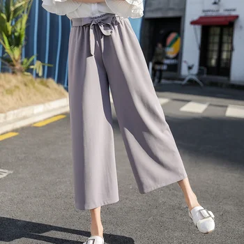 

2020 Women Chiffon High Waist Wide Leg Pants Bow Tie Drawstring Sweet Elastic Waist Loose Ankle-length Pants Trousers Pantalones