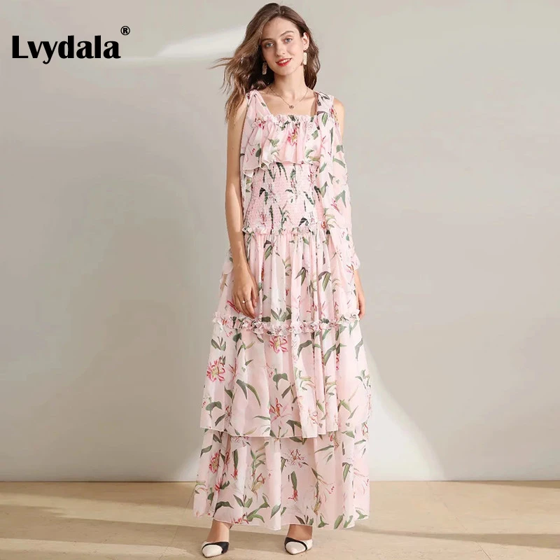 Lvydala, модное дизайнерское подиумное платье, летнее женское платье, спагетти ремень, лилия, цветочный принт, эластичная талия, шифоновые платья