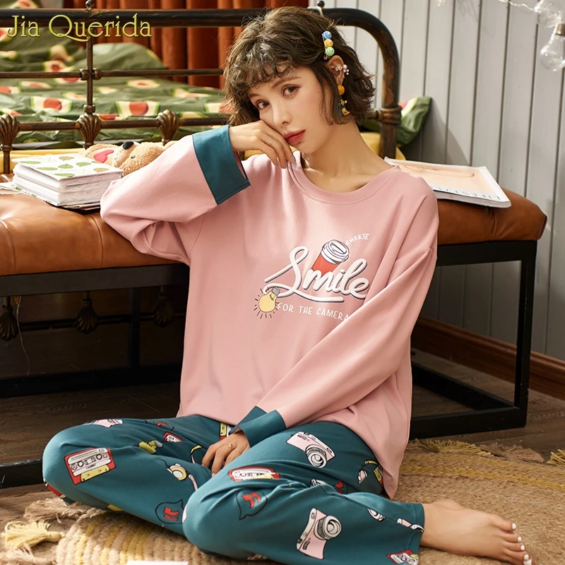 

Pj Set Women Pijama Cotton Pink Printing Top Elastic Band Waist Korean Style Fashion Home Clothes Womens Leisure Night Clothes