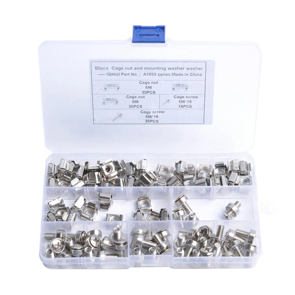 100 Pack Lot - M6X16 Rack Mount Cage Nuts & Screws w/ Washers - Square Clips