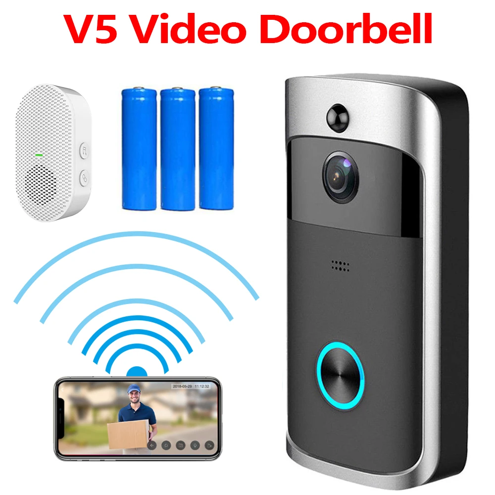 Timbre de vídeo HD WiFi impermeable V5, control remoto inalámbrico por aplicación de teléfono inteligente, detección de movimiento PIR, batería de visión nocturna, nuevo