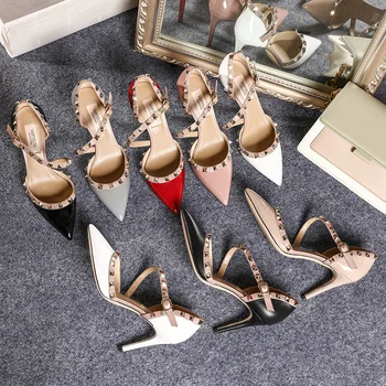 

Summer 2020 New V Home Rivet Pointed Toe High Heels 10cm Women's Slim Heel Hollow Flat Strap Wrap Head Medium Heel Sandals