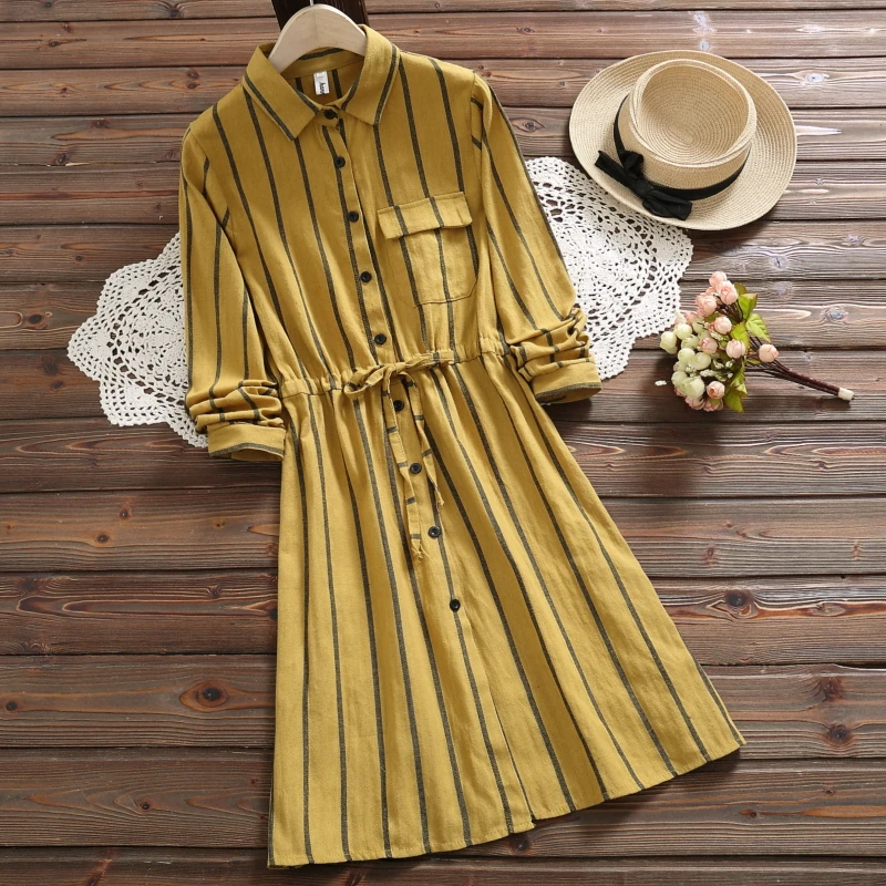

Vertical striped drawstring cotton turn down collar long sleeve dress