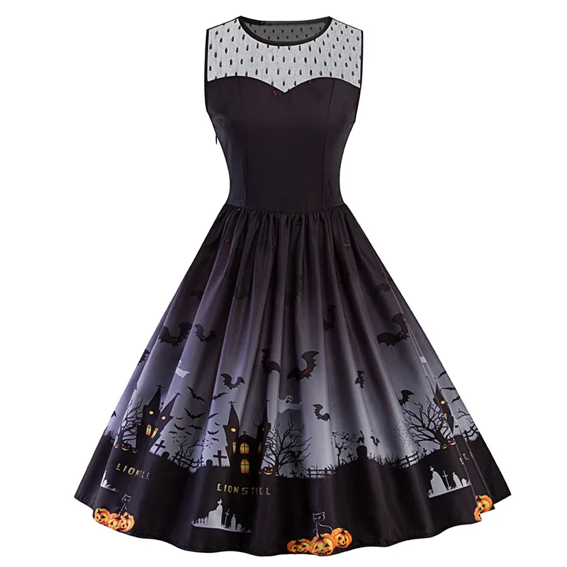 Halloween Pumpkin Bat Festival Tank Swing Dress Patchwork Lady Girls Sleeveless Mesh Lace Insert Cotton Top Plus Size 4XL 5XL
