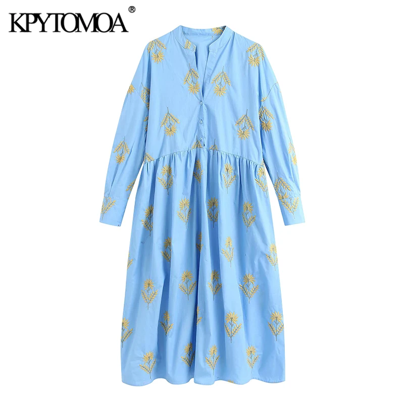 

KPYTOMOA Women 2020 Chic Fashion Floral Embroidery Pleated Midi Dress Vintage V Neck Long Sleeve Female Dresses Vestidos Mujer