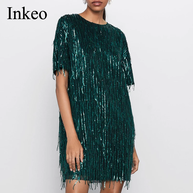 

Party Women Tassel Mini dress 2020 Spring New arrival Short sleeve sequins Dress Fashion Round neck Green Summer INKEO 9D021